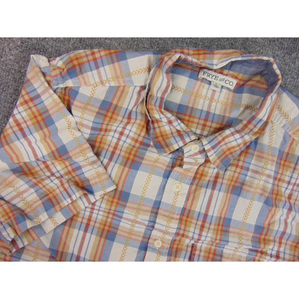 Frye & Co Shirt Mens Large Blue Orange Plaid Short Sleeve Button Down